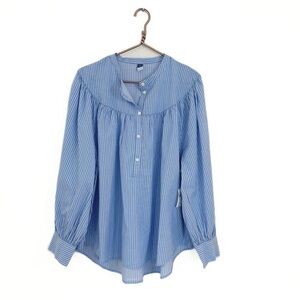 Old Navy Shirt Womens XXL Blue White Striped Henley Poplin Cotton Ballon Slv New